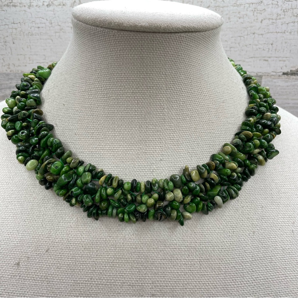 Beautiful Unsigned Green Jasper Multi Layer Statement Necklace Silver Tone